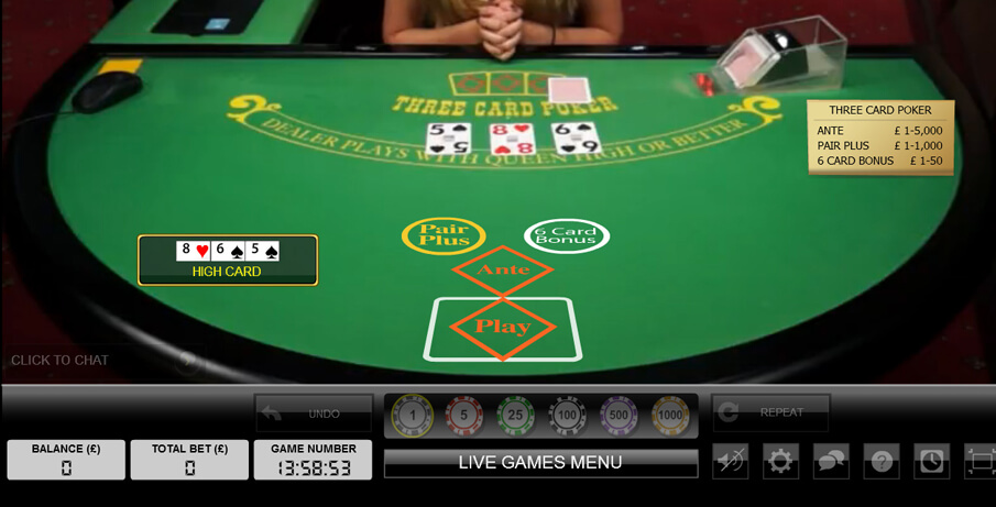 live three card poker tisch